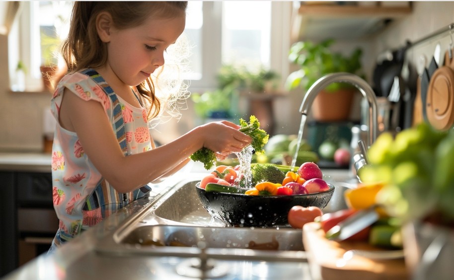 дитина миє овочі у мисці на кухні