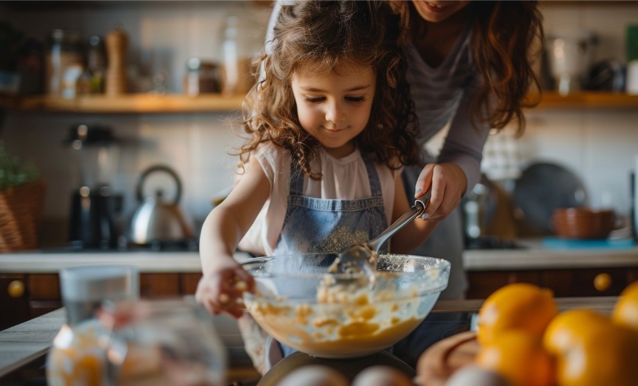 дитина змішує інгредієнти у мисці на кухні
