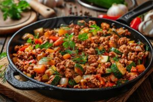 Mięso mielone z warzywami na patelni – szybki obiad w 30 minut