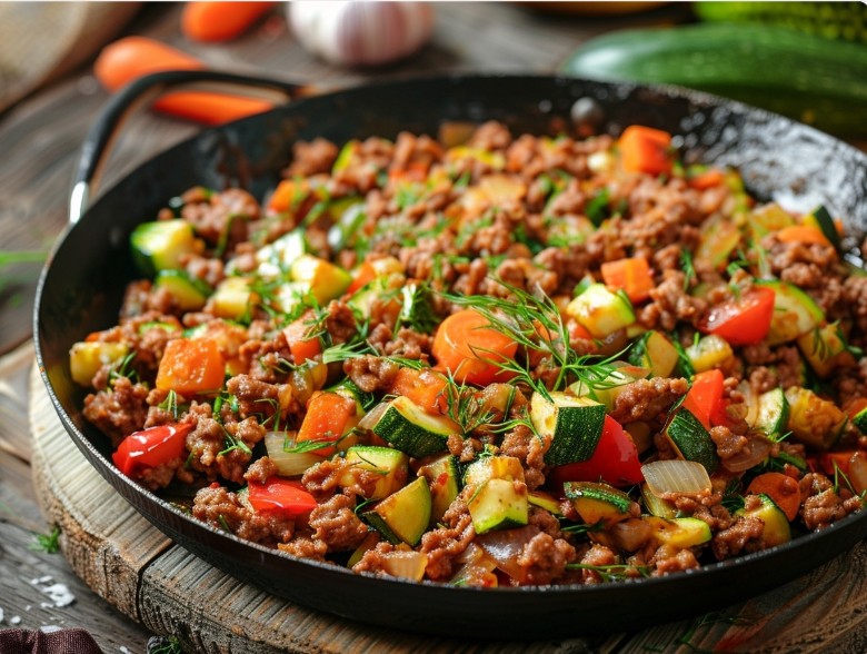 Фарш з овочами на сковороді