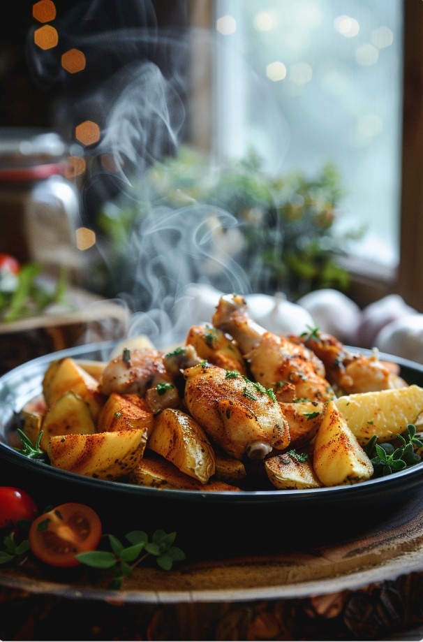 Gorące udka z piekarnika i złociste ziemniaki