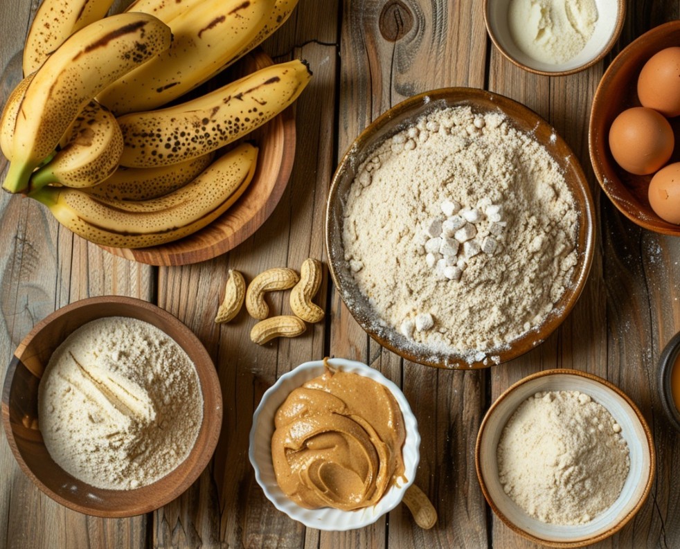 Інгредієнти для бананового хліба з арахісовою пастою.