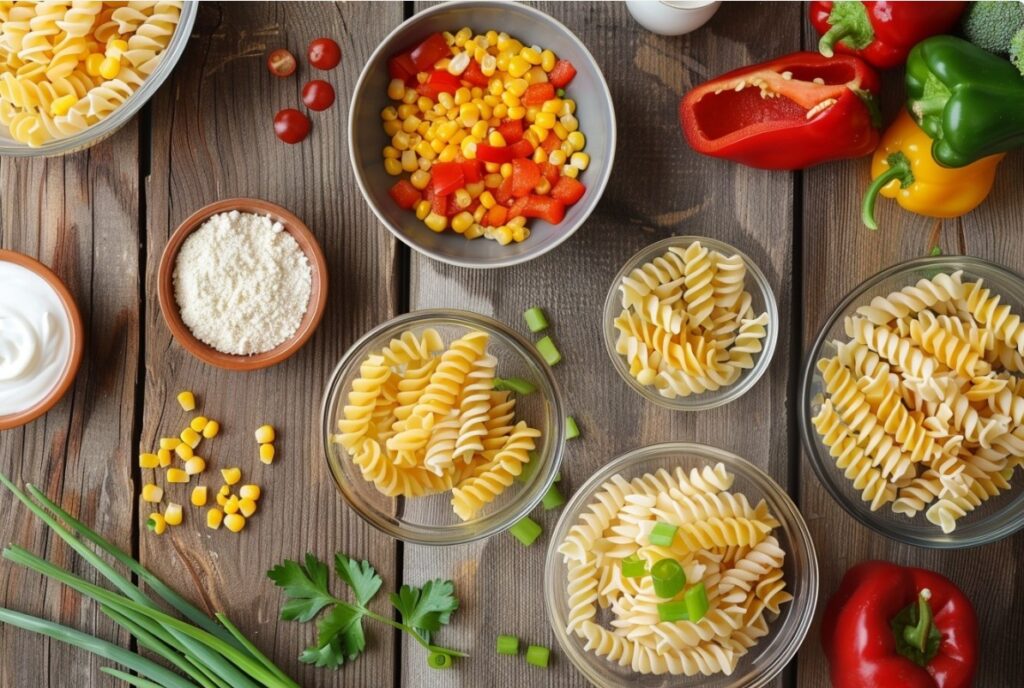 Інгредієнти для кремового салату з макаронами, кукурудзою та перцем.