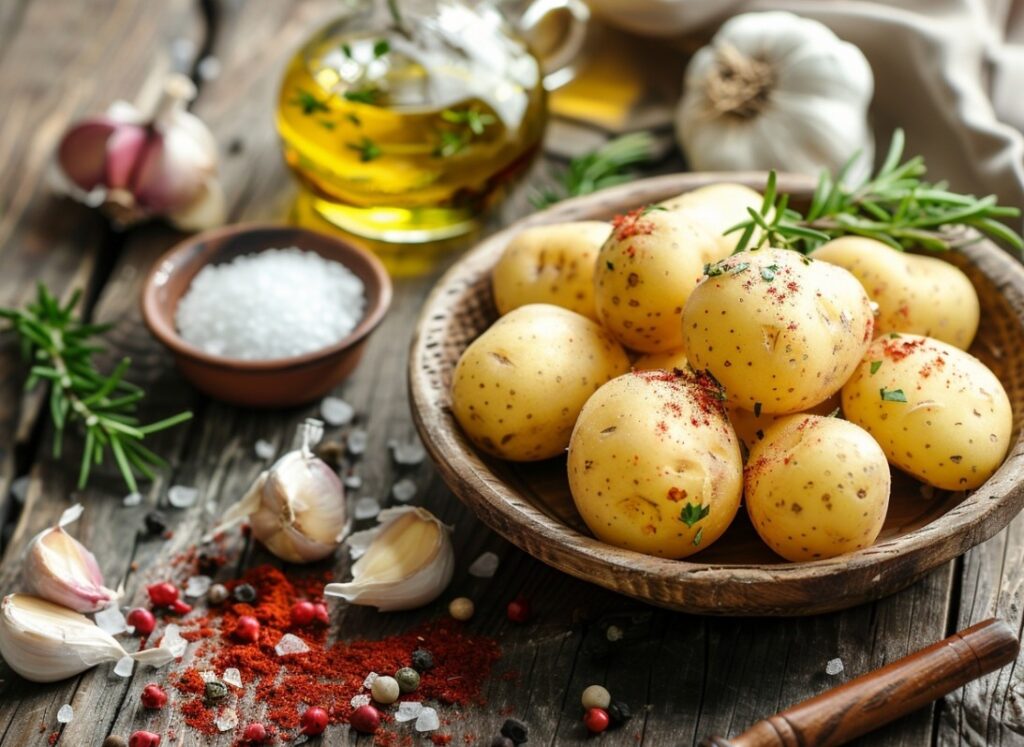 Składniki do przygotowania aromatycznych ziemniaków w łódeczkach po wiejsku.