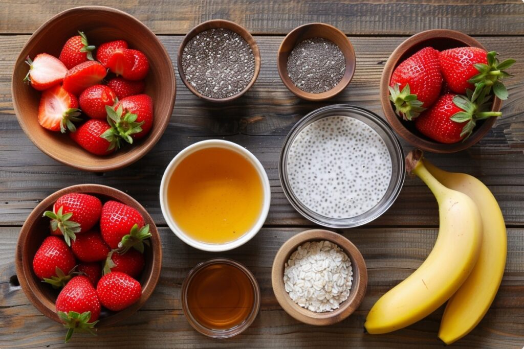 Інгредієнти для приготування чіа-пудингу з полуницею та бананом
