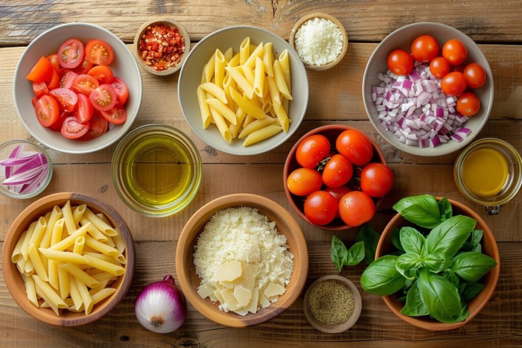 Інгредієнти для приготування італійського салату з макаронами та помідорами