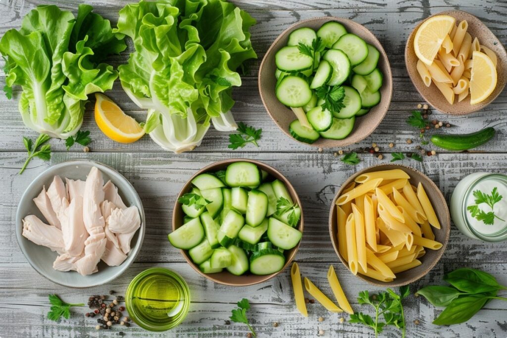 Інгредієнти для приготування легкого салату з макаронами та курячим м’ясом.