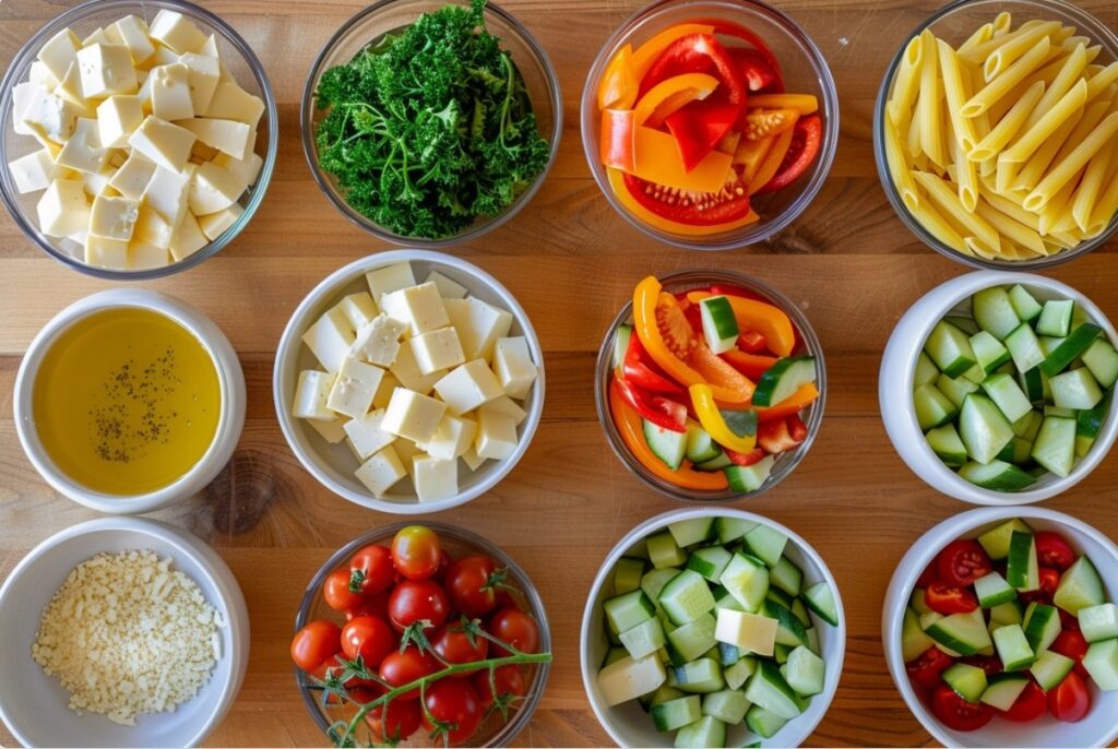 Інгредієнти для приготування літнього салату з макаронами без майонезу.