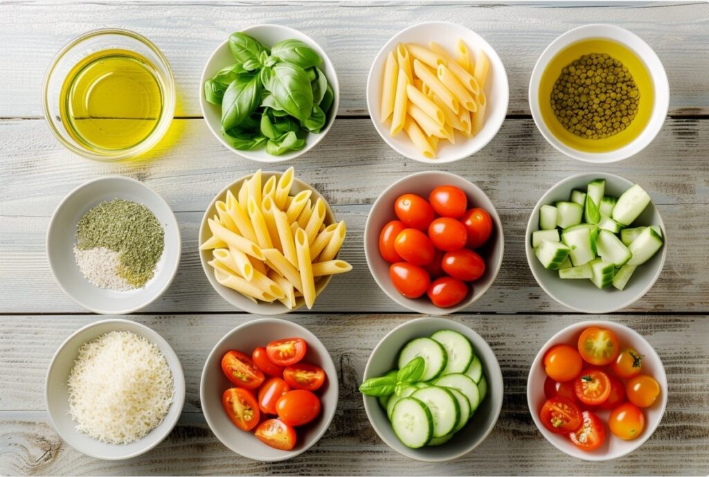 Інгредієнти для приготування макаронного салату з базиліком без майонезу.