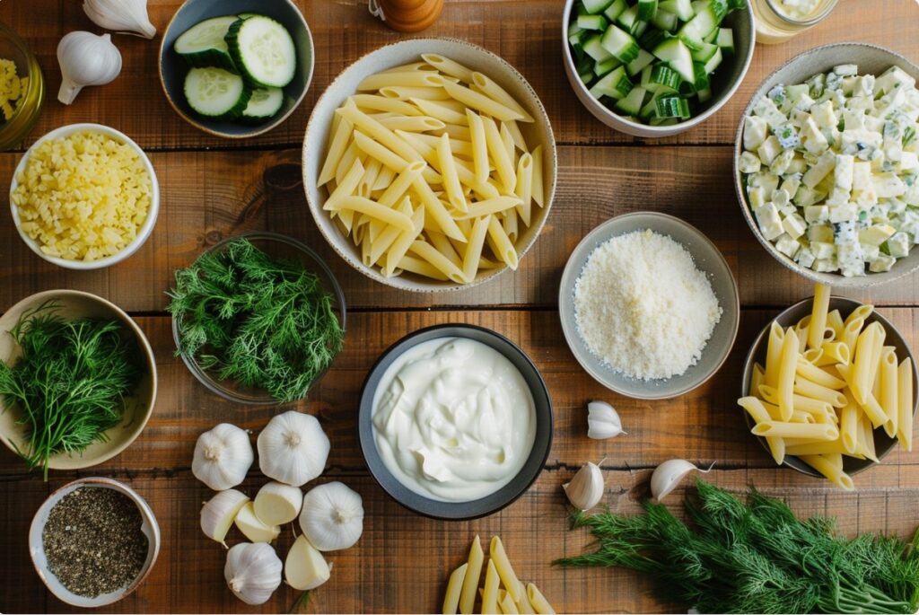 Інгредієнти для приготування макаронного салату з йогуртом та огірковою заправкою