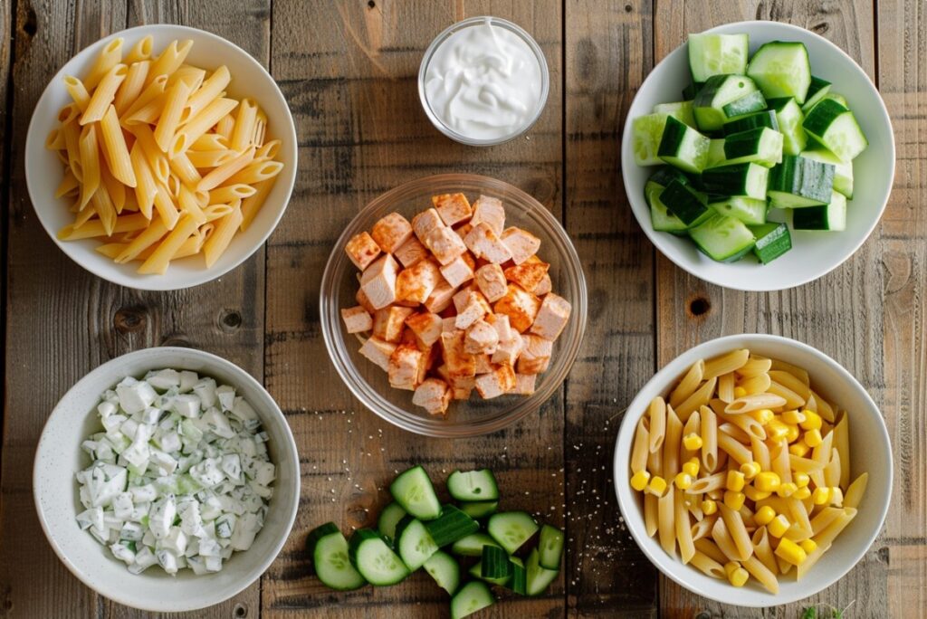 Інгредієнти для приготування макаронного салату з копченою куркою.