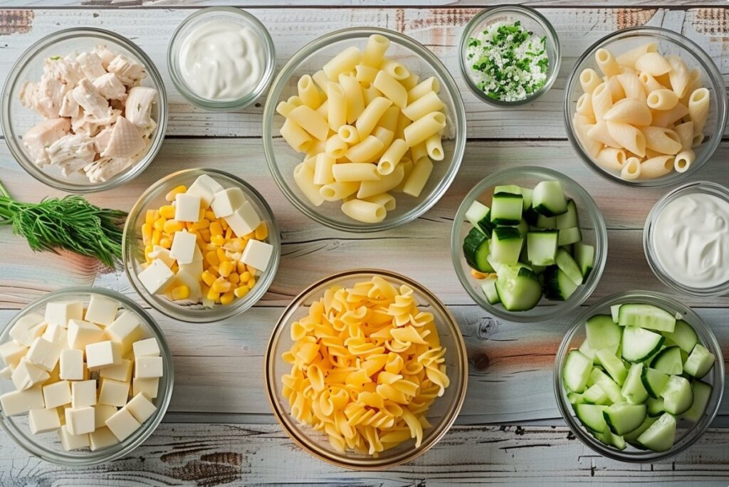 Ingredients for chicken pasta salad with cheese