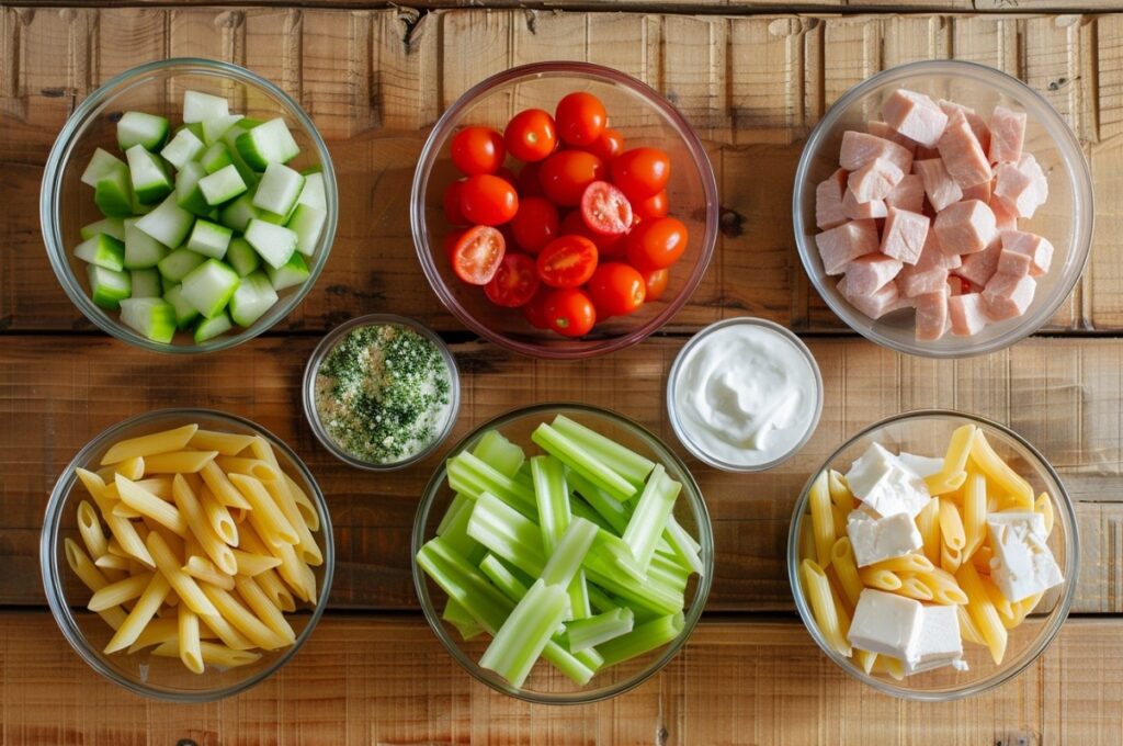 Інгредієнти для приготування макаронного салату з тунцем.