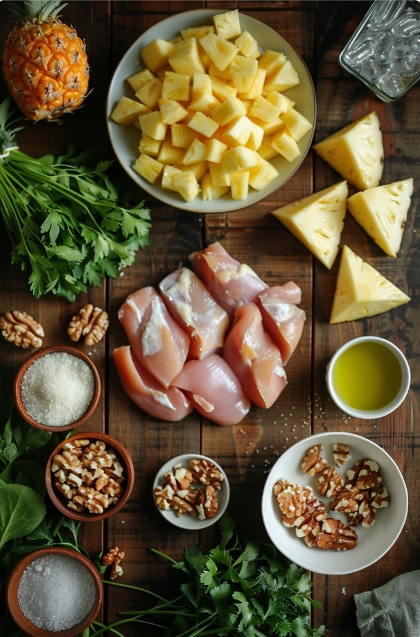 Składniki do przygotowania sałatki z kurczakiem i ananasem.