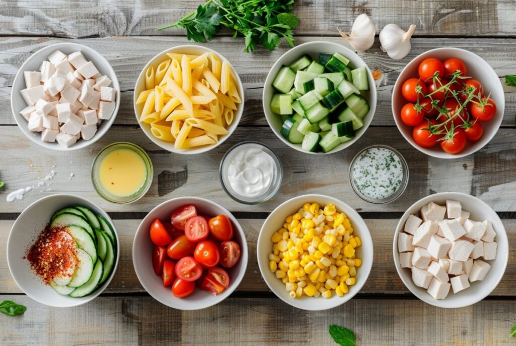 Інгредієнти для приготування салату з макаронами, куркою та часниковим соусом