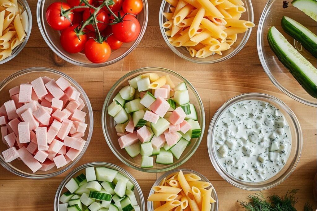 Інгредієнти для приготування салату з макаронами, шинкою та йогуртовою заправкою