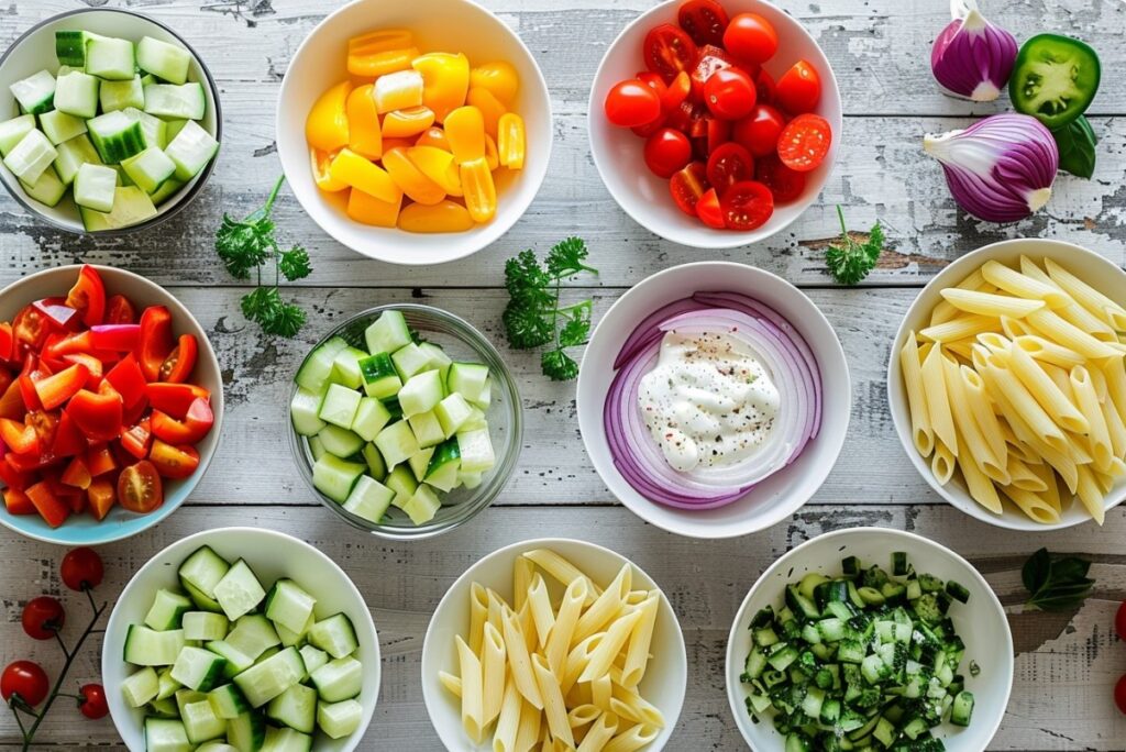 Інгредієнти для приготування салату з макаронами та хрусткими овочами