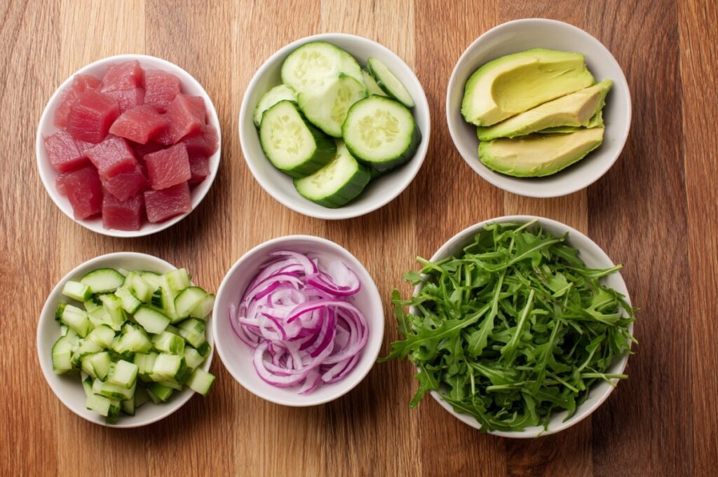 Інгредієнти для приготування салату з тунцем і авокадо.