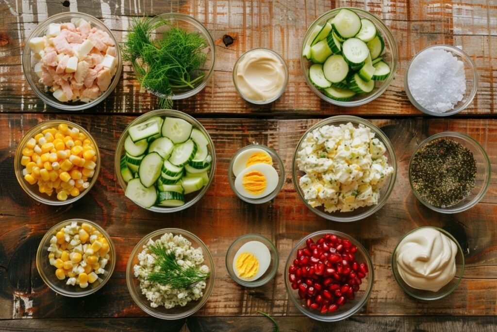 Інгредієнти для приготування салату з тунцем і яйцем у святковій подачі