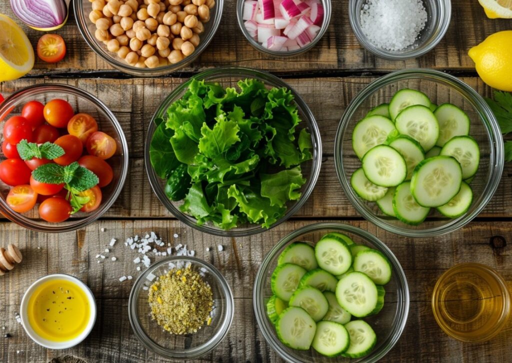 Інгредієнти для приготування салату з тунцем та нутом.