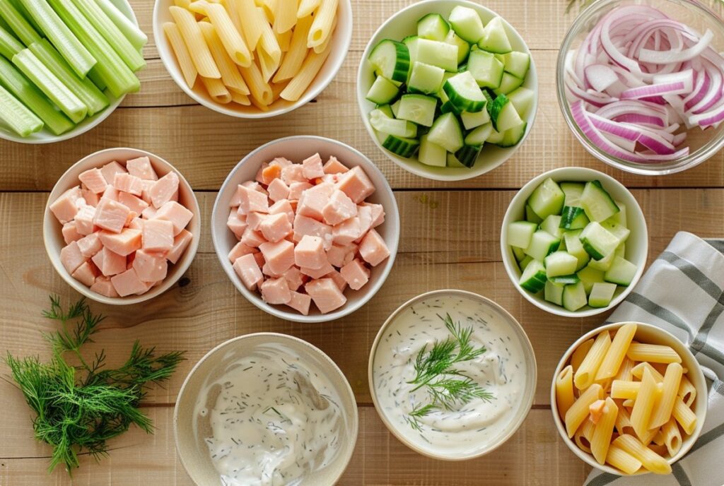 Інгредієнти для приготування швидкого салату з макаронами та тунцем