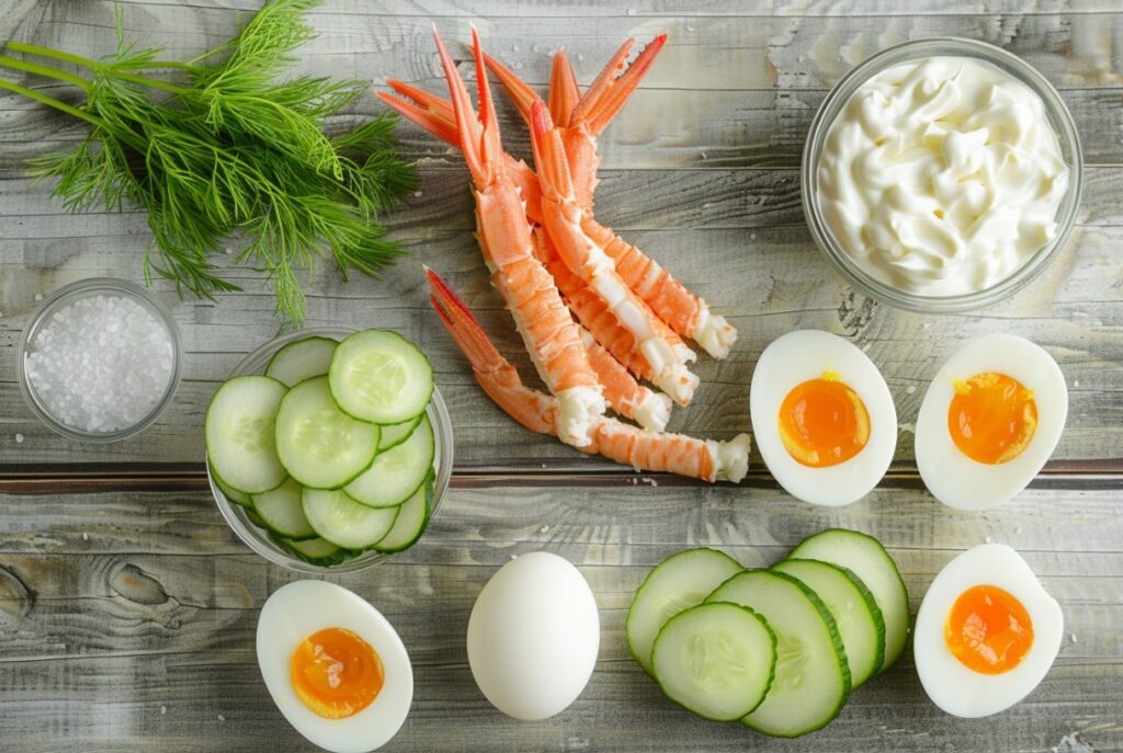 Składniki do sałatki z paluszkami krabowymi, ogórkiem i jajkiem.