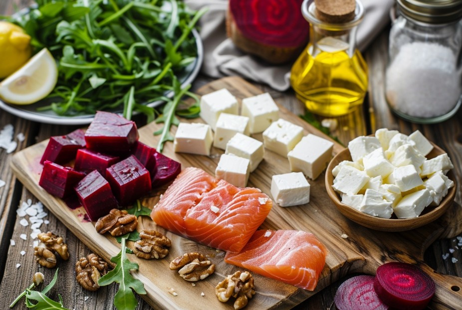 інгредієнти для салату з лососем та буряком