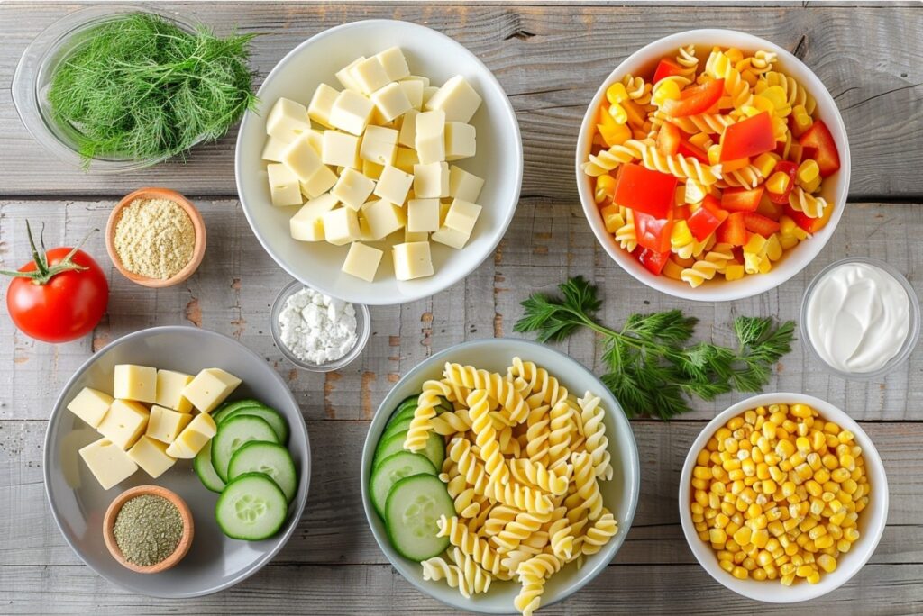 Інгредієнти для салату з макаронами та сирними кубиками.