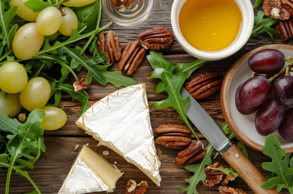Składniki do sałatki z serem brie i orzechami pekan.