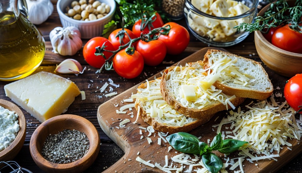 Інгредієнти для тостів з сиром і помідорами
