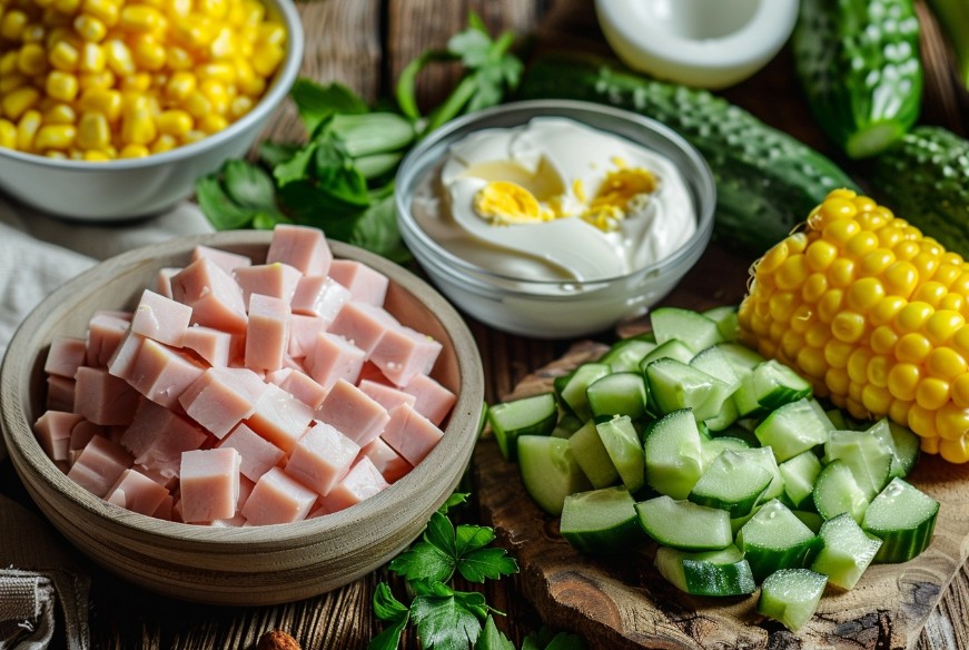 Інгредієнти рецепту на салат з шинкою і солодкою кукурудзою