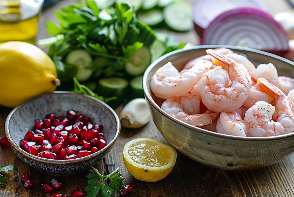 інгрідієнти для салату з креветками та гранатом