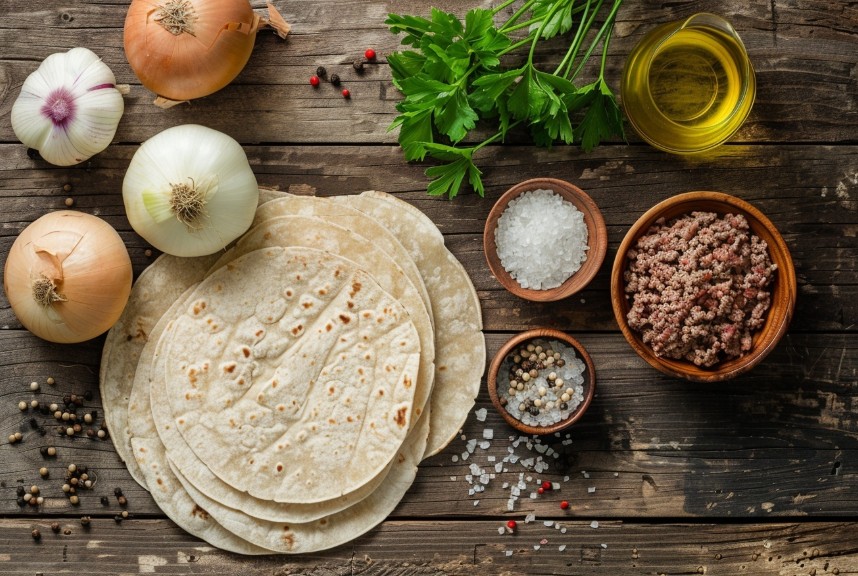 Інгрідієнти щоб приготувати швидкий чебурек з тортильї на сковороді