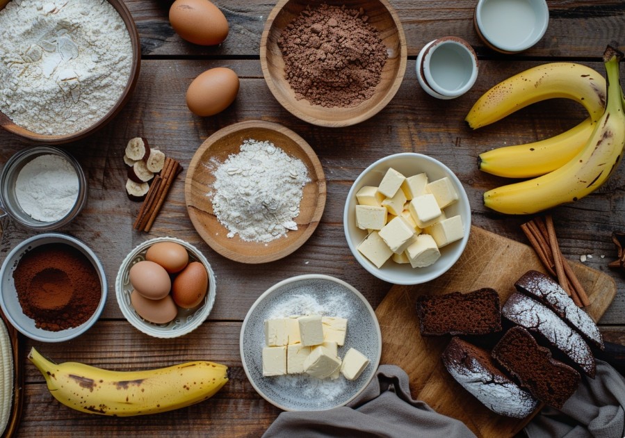 składniki na chlebek bananowy z cynamonem i kakao