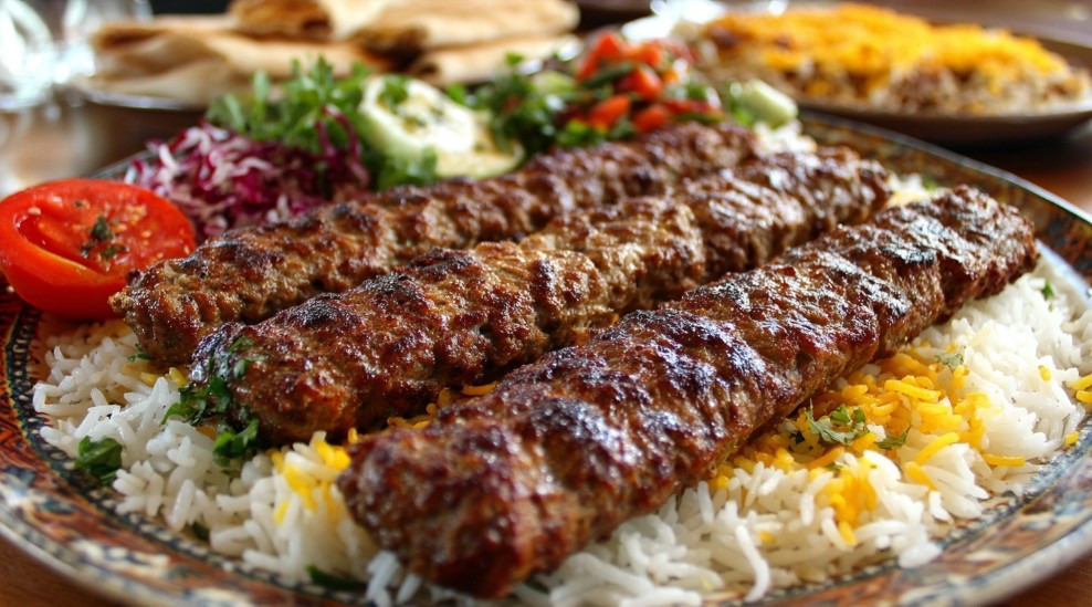 Кебаби на тарілці з рисом та овочами