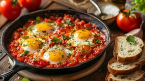 Класична шакшука з густим томатним соусом і яйцями