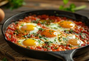 Класична шакшука з густим томатним соусом і яйцями