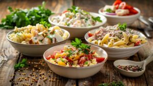 Класичний салат з макаронами з майонезом, яйцями та овочами у мисці