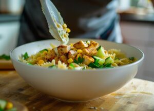 Кремовий макаронний салат з копченою куркою і кукурудзою