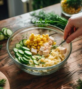 Кремовий макаронний салат з куркою та кукурудзою