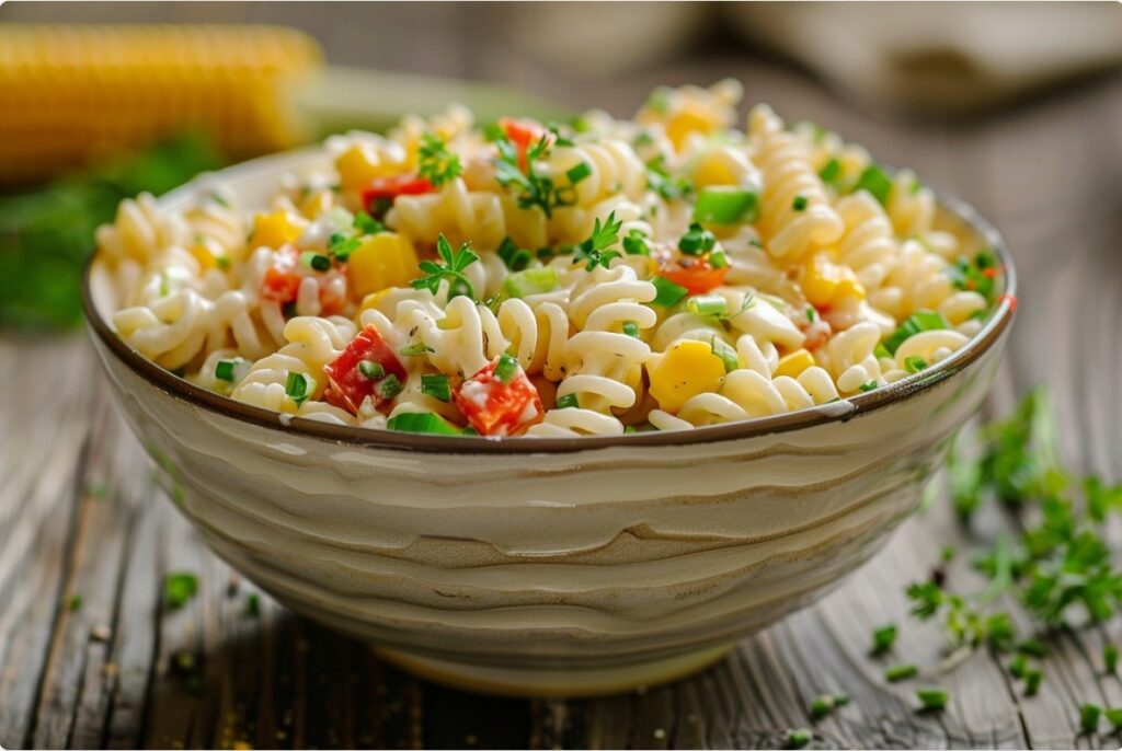 Кремовий салат з макаронами, кукурудзою та перцем