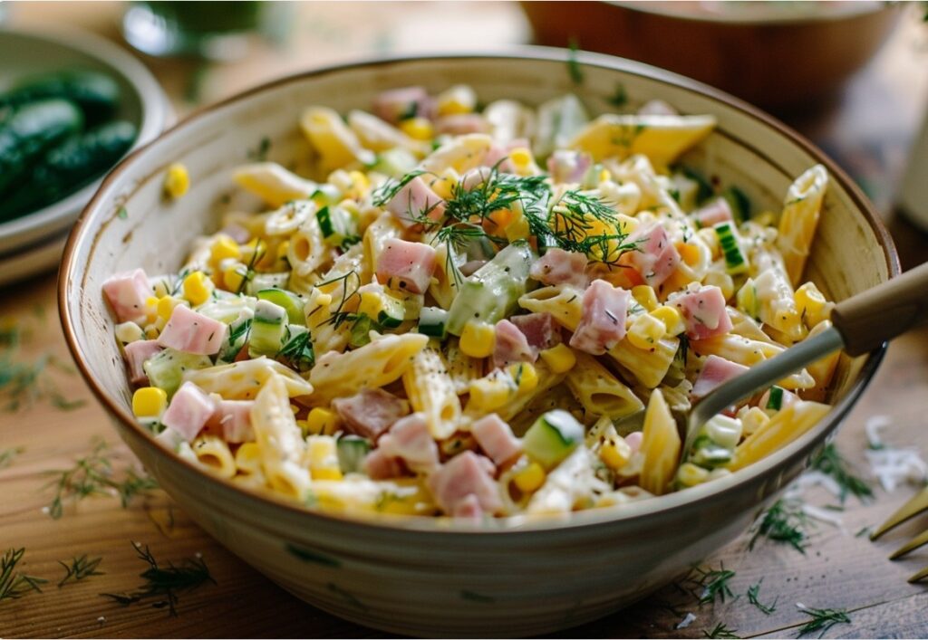 Кремовий салат з макаронами, шинкою і свіжим огірком