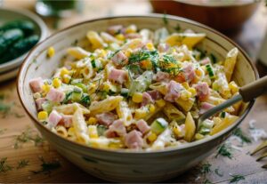 Кремовий салат з макаронами, шинкою і свіжим огірком