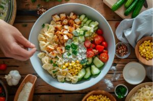 Кремовий салат з пастою, куркою та часником