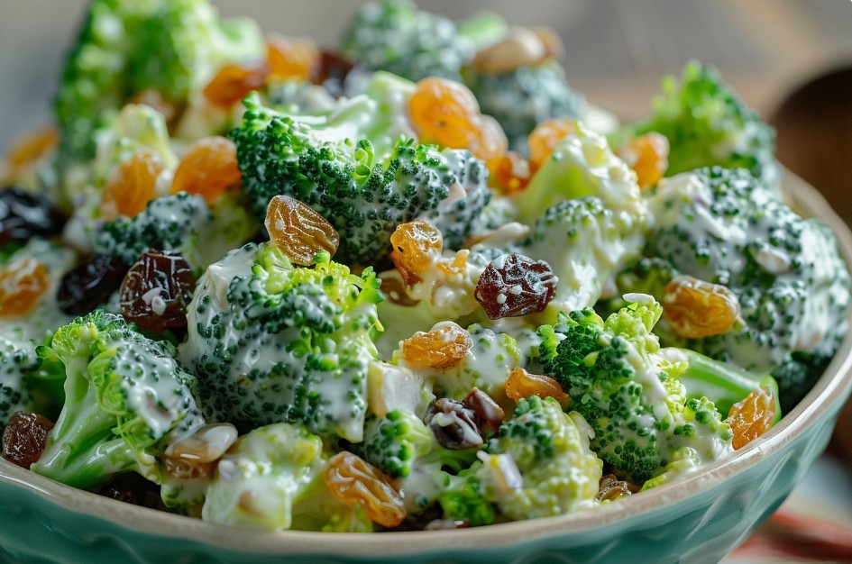 крупний план салату з броколі та родзинками