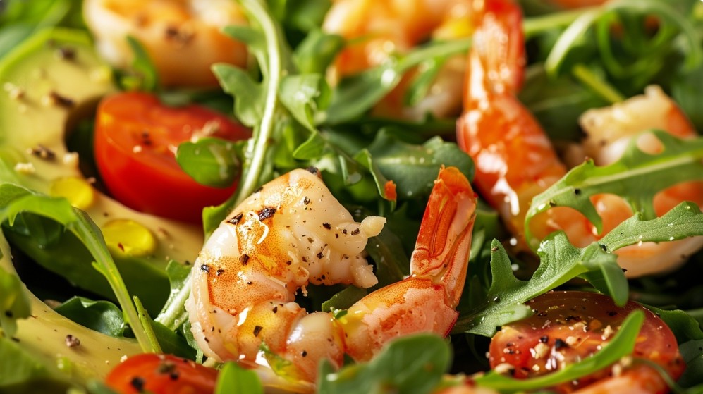 Крупний план салату з креветками, авокадо та помідорами чері