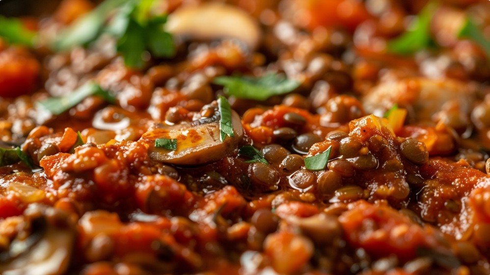 Крупний план соусу болоньєзе з сочевицею