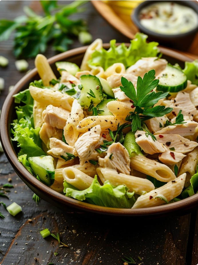 Легкий макаронний салат з куркою і салатним листям