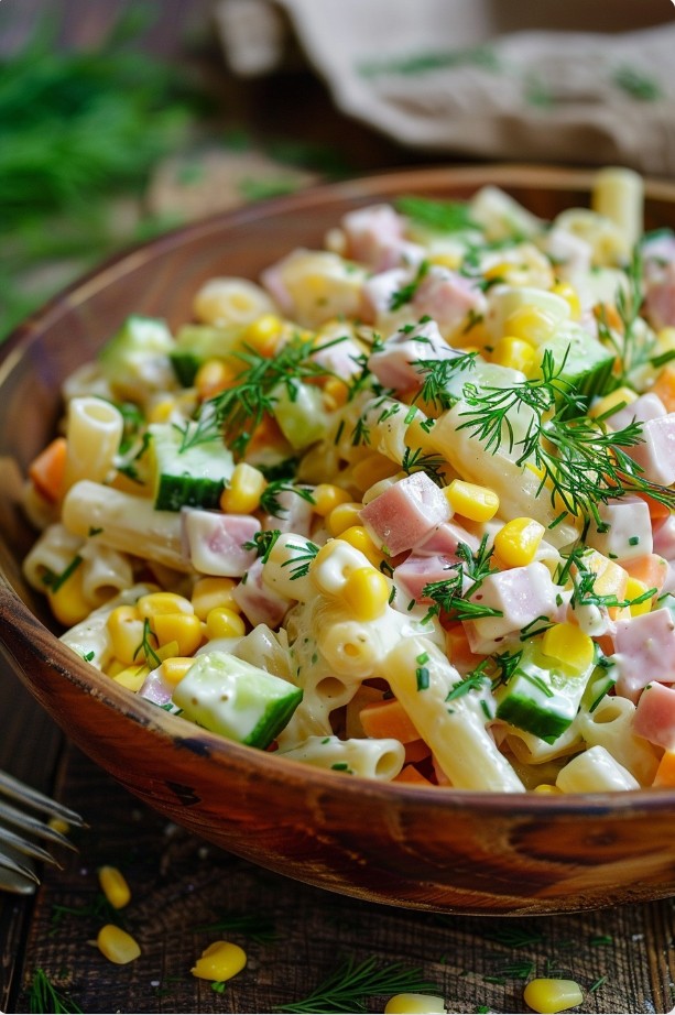 Легкий салат з макаронами, шинкою та овочами