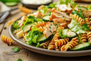 Lekka sałatka makaronowa z kurczakiem i sosem jogurtowo-cytrynowym